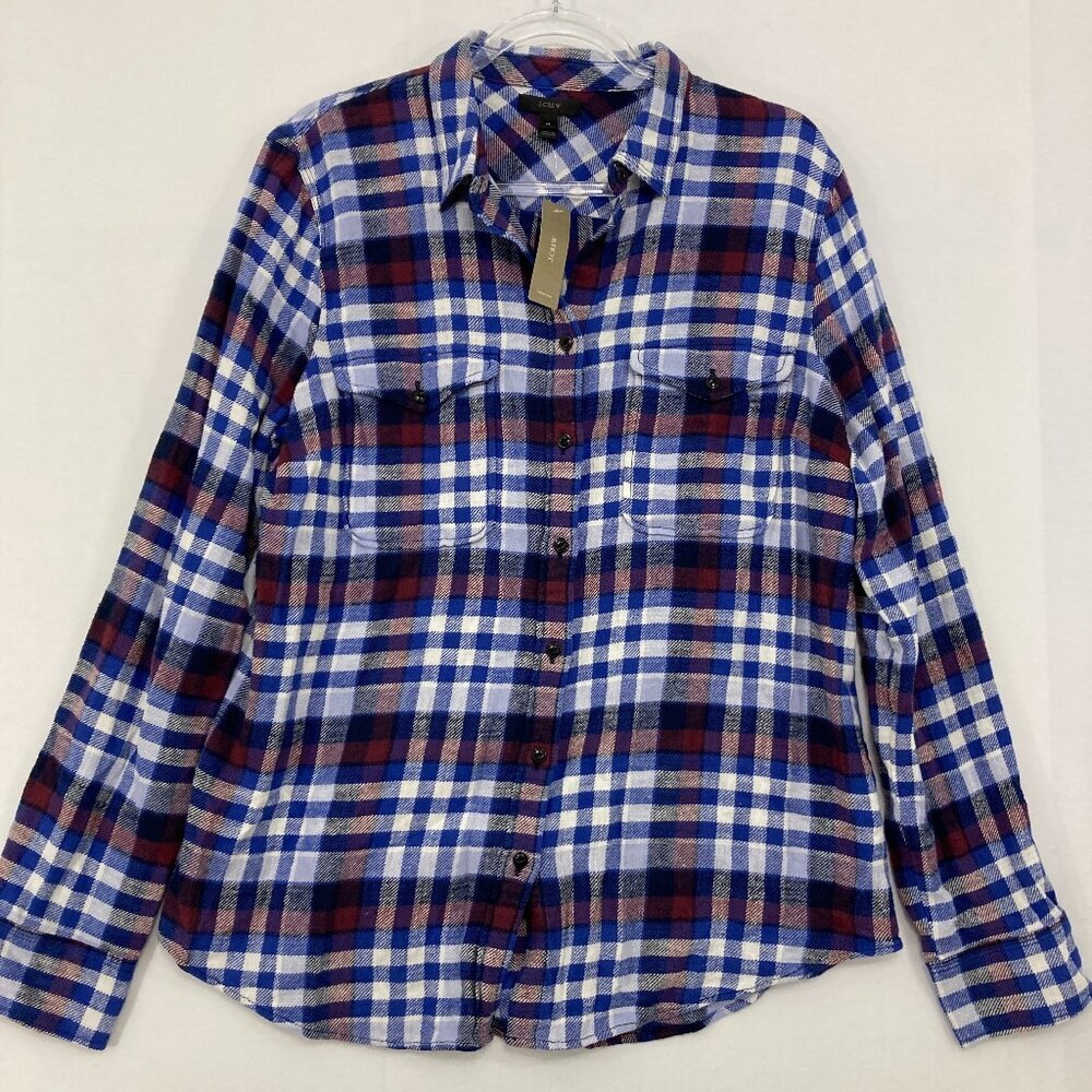 New J. Crew Women's sz 16 Purple Blue Plaid Cotton Long Sleeve Button Up Preppy